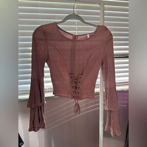 Pink bell sleeve Lace-Up Top